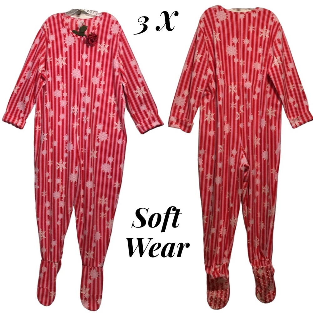 One piece footed pajamas soft wear red & white stripes snowflakes 3X EUC